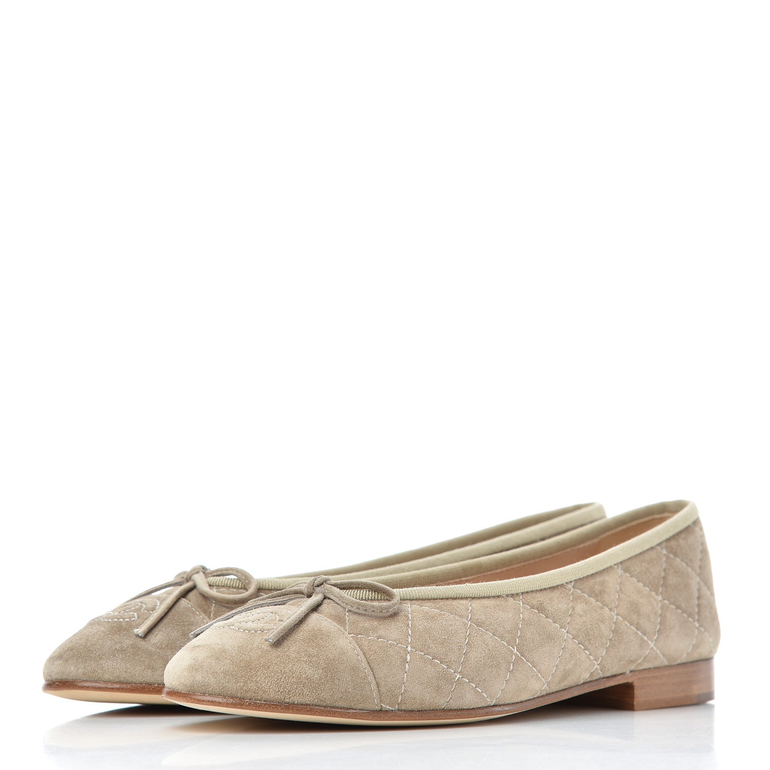 Chanel Suede Calfskin Quilted Cap Toe CC Ballerina Flats 35.5 Beige 3 of 9
