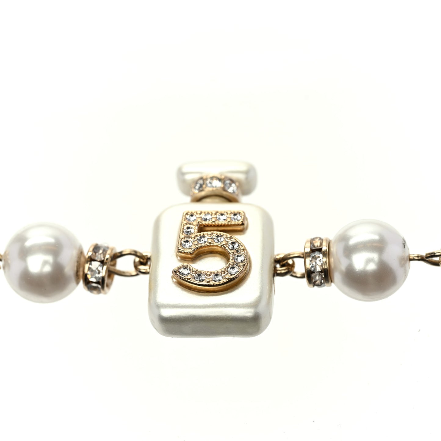 Pearl Resin Crystal CC No 5 Perfume Bottle Chain Belt Gold Pearly White