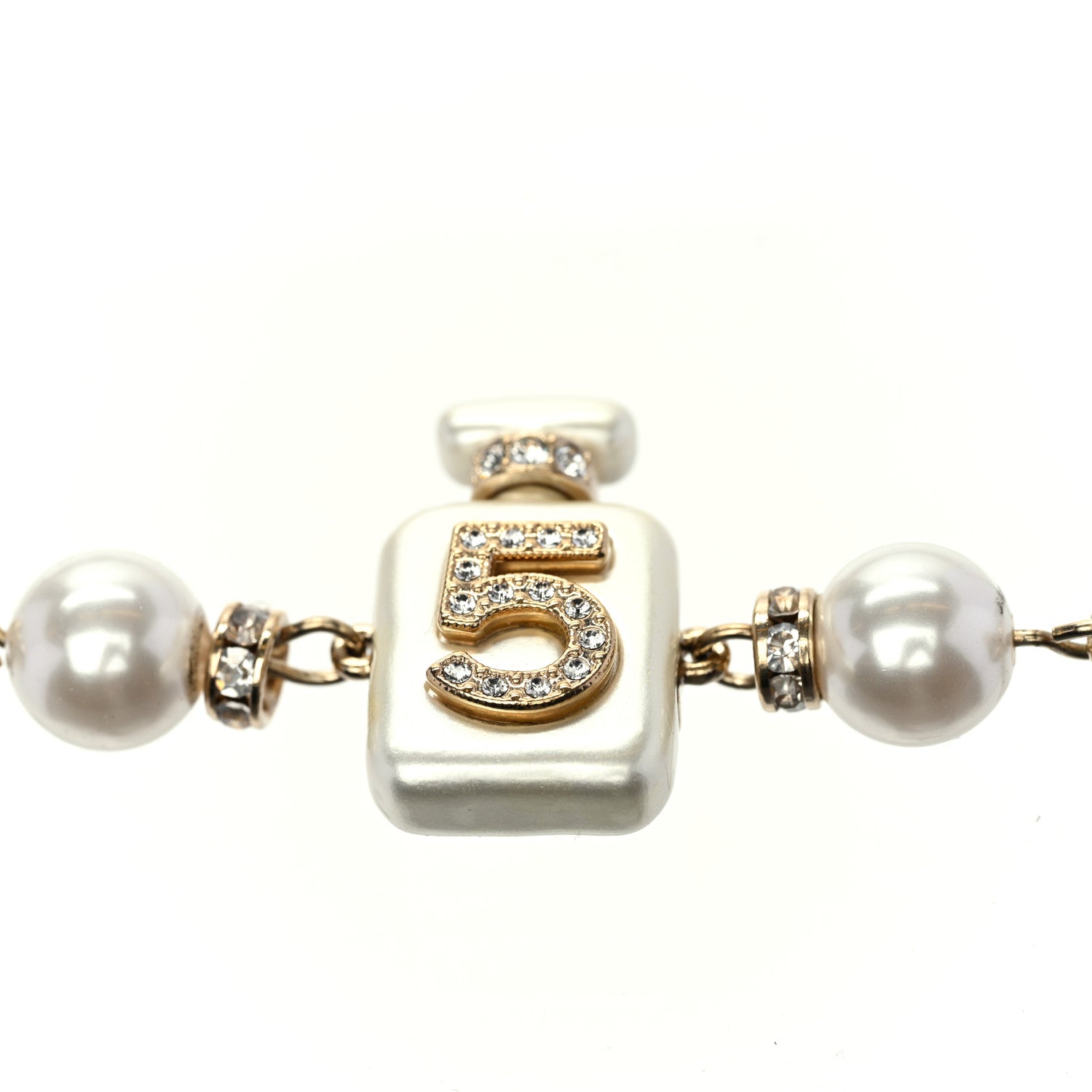 Chanel Pearl Resin Crystal CC No 5 Perfume Bottle Chain Belt Gold Pearly White 3 of 4