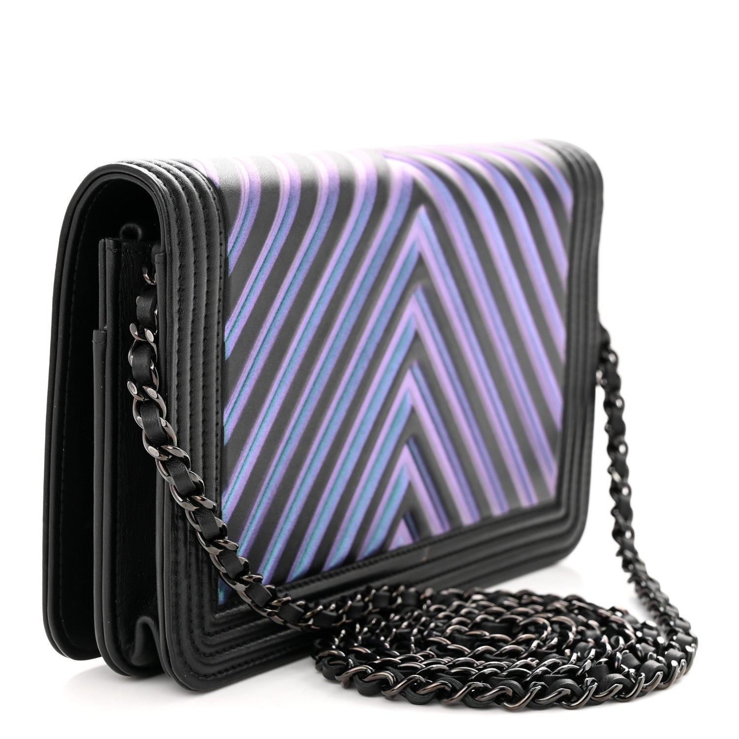 Chanel Calfskin Painted Chevron Embossed Boy Wallet On Chain WOC Black 3 of 15