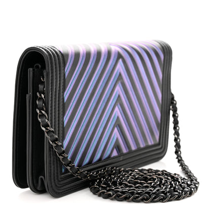 Chanel Calfskin Painted Chevron Embossed Boy Wallet On Chain WOC Black 3 of 15