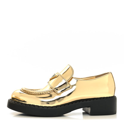 Prada Metallic Brushed Calfskin Metal Triangle Logo 50mm Loafers 38.5 Platino 1 of 8