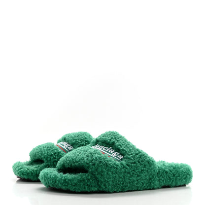 Balenciaga Faux Shearling Political Campaign Logo Slide Sandals 37 Grass Green 3 of 7