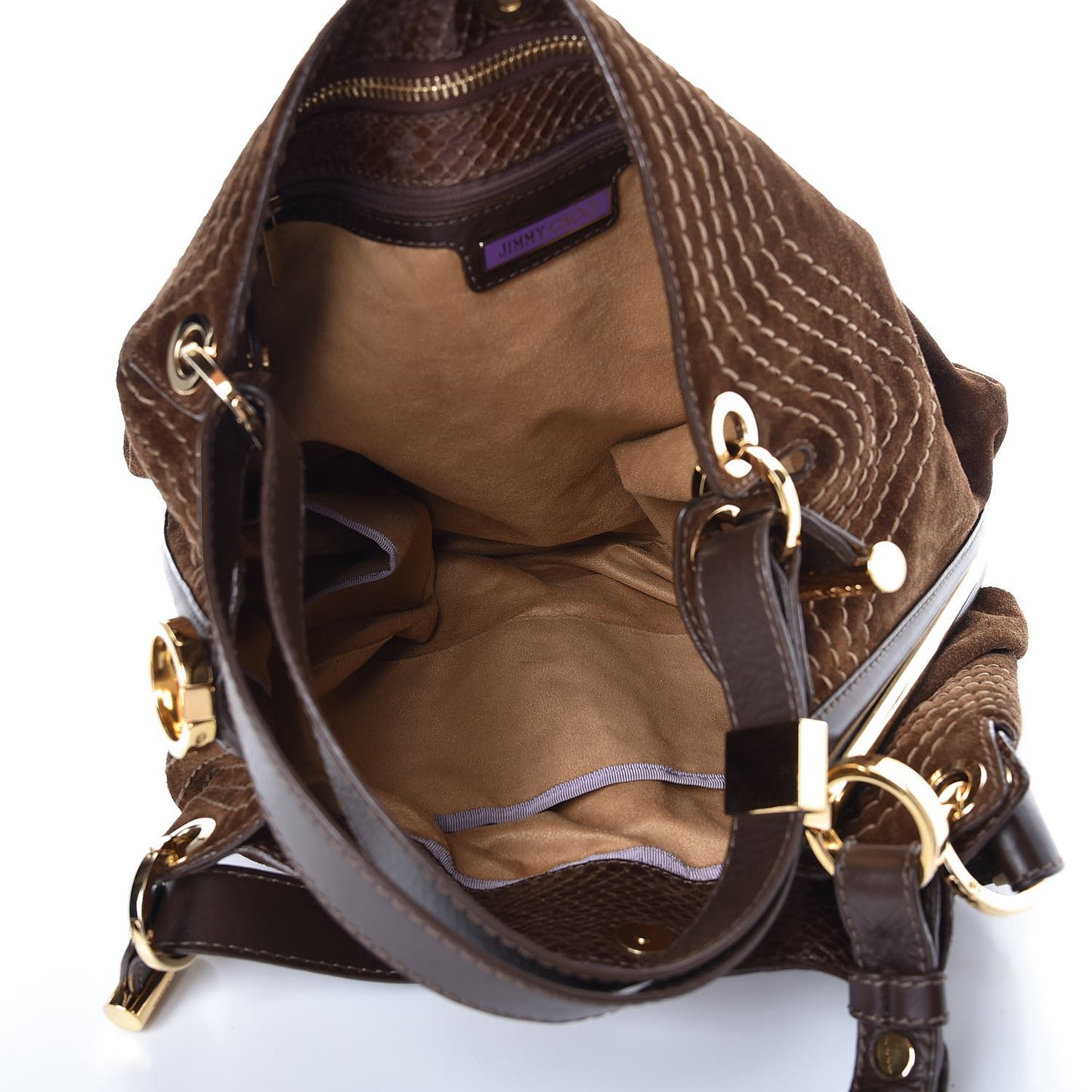 JIMMY CHOO Suede Watersnake Trim Alex Shoulder Bag Cognac