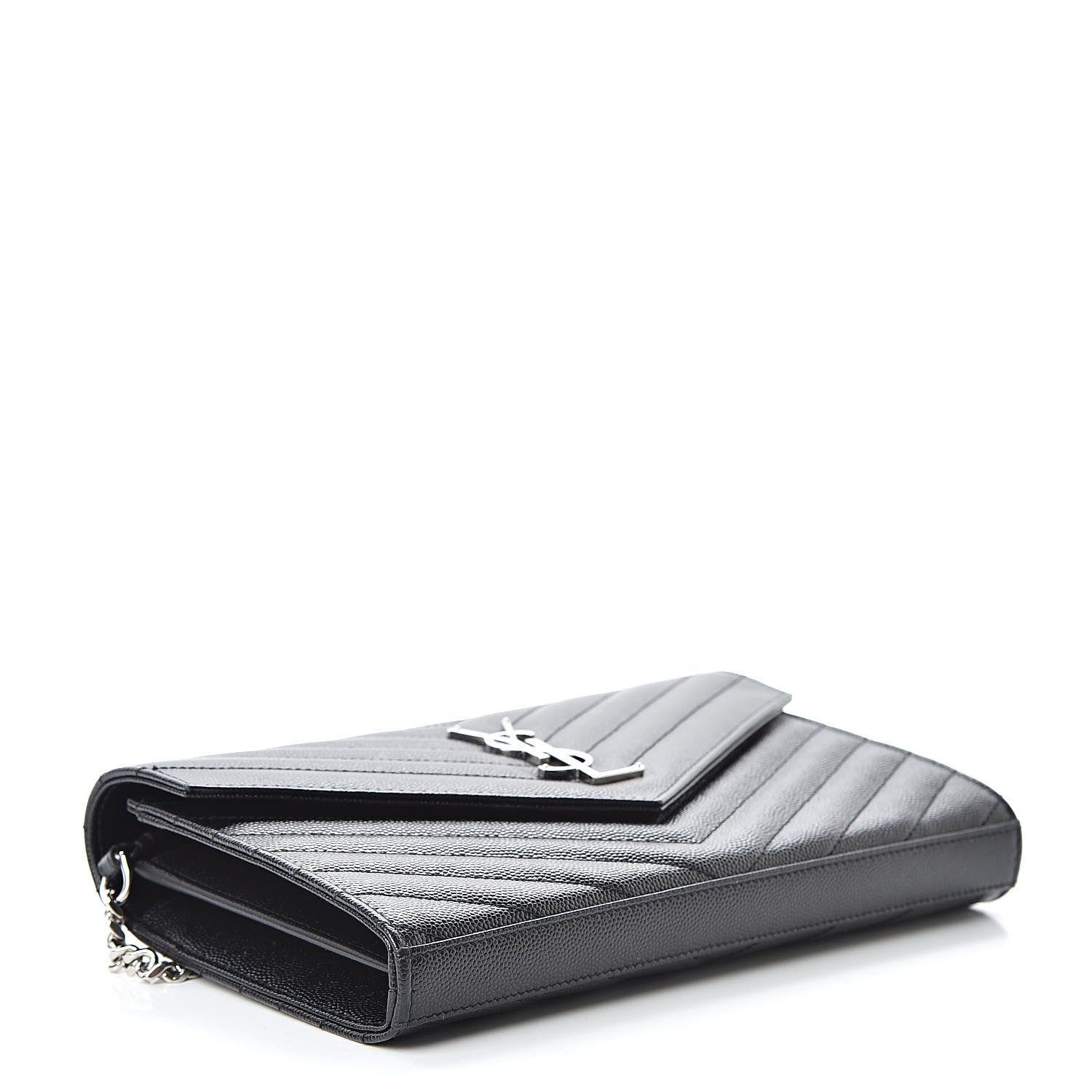 Saint Laurent Grain De Poudre Matelasse Chevron Monogram Chain Wallet Black 4 of 13