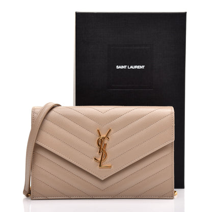 Saint Laurent Grain De Poudre Matelasse Chevron Monogram Envelope Chain Wallet Dark Beige 10 of 10