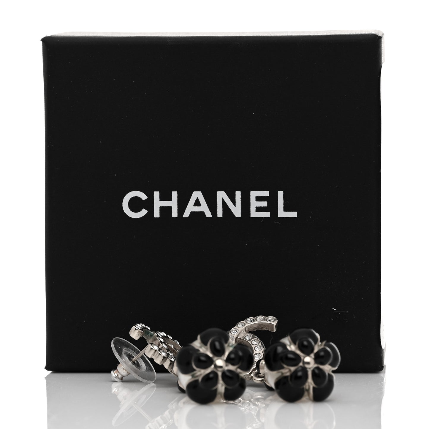 Pearl Crystal Enamel CC Flower Drop Earrings Gold Black