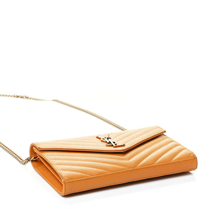 Saint Laurent Grain De Poudre Matelasse Chevron Monogram Chain Wallet Mustard 4 of 5