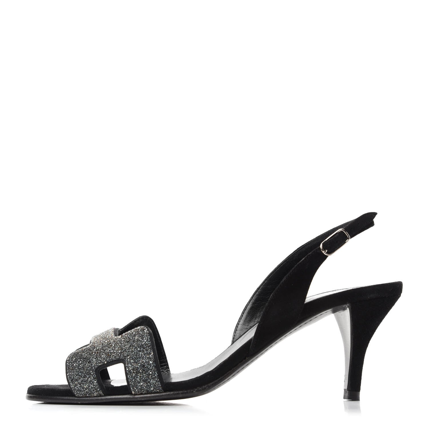 Hermes Velour Goatskin Crystal Poudre Night 70 Slingback Sandals 36 Argent Black 1 of 10