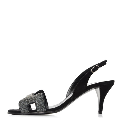 Hermes Velour Goatskin Crystal Poudre Night 70 Slingback Sandals 36 Argent Black 1 of 10