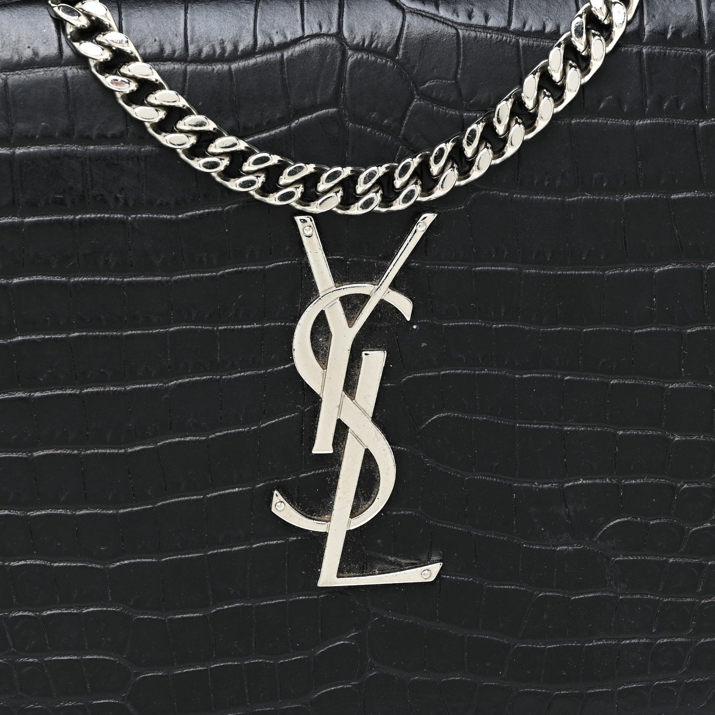 Calfskin Crocodile Embossed Monogram Chain Wallet Black