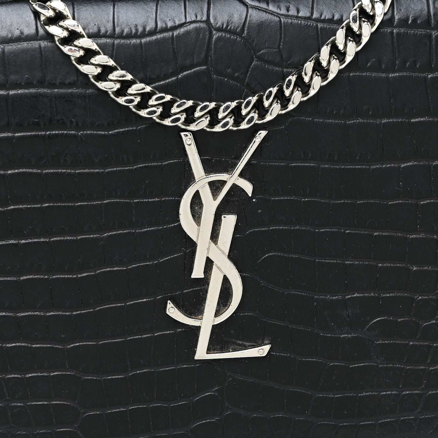 Saint Laurent Calfskin Crocodile Embossed Monogram Chain Wallet Black 8 of 16