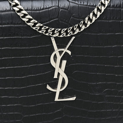 Saint Laurent Calfskin Crocodile Embossed Monogram Chain Wallet Black 8 of 16