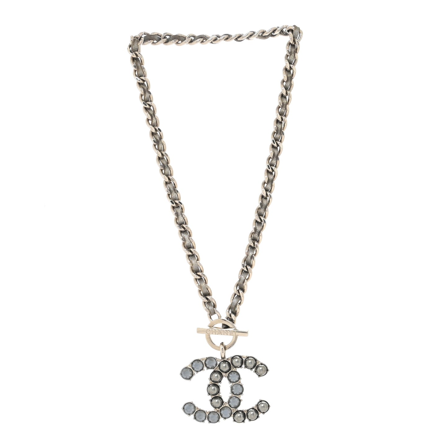 Metal Strass Calfskin Glass Pearls CC Short Necklace Black Dark Grey
