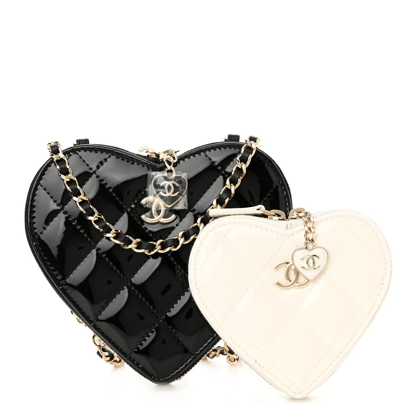 Patent Calfskin Resin Quilted CC Heart Clutch With Chain Black