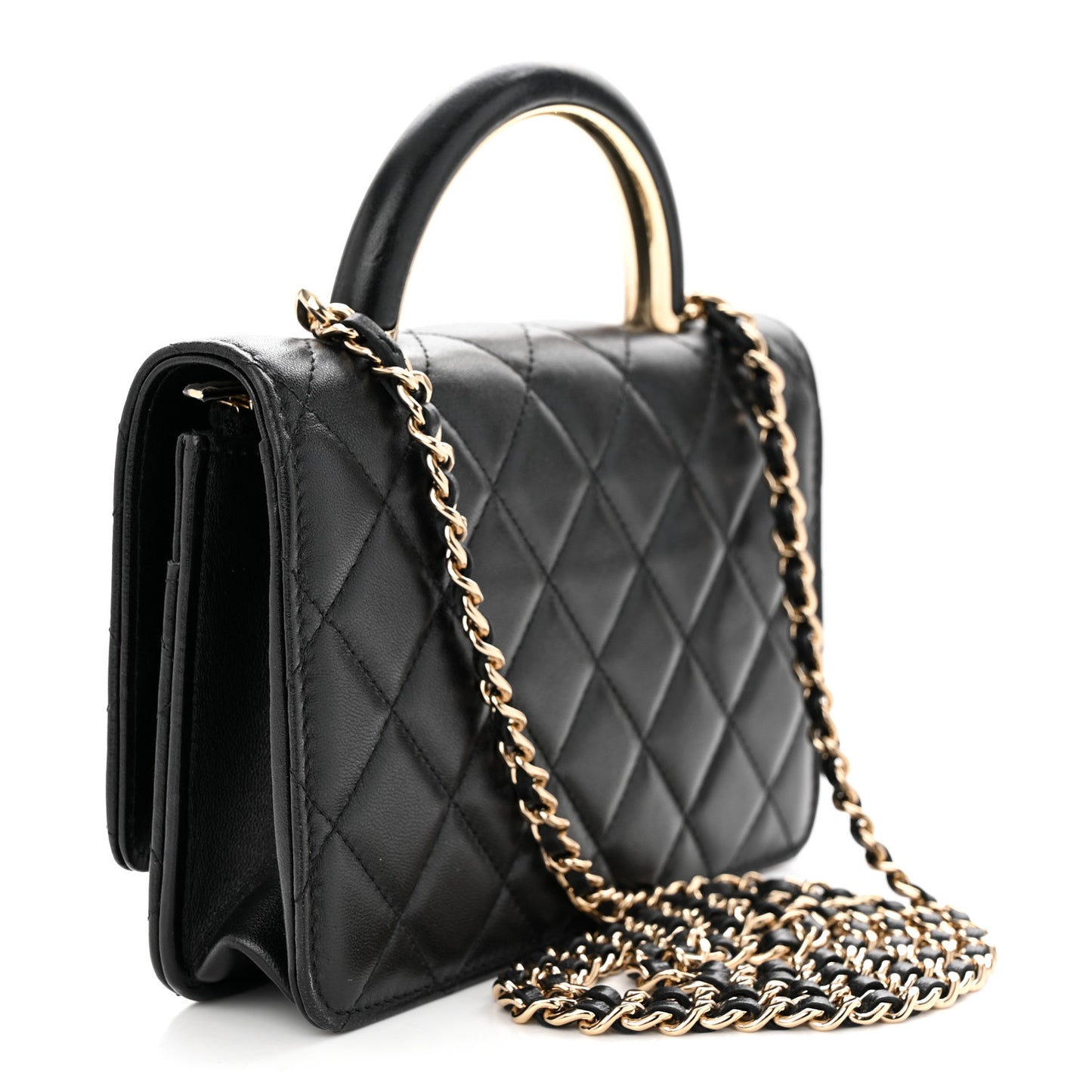 Lambskin Quilted Top Handle Wallet On Chain WOC Black
