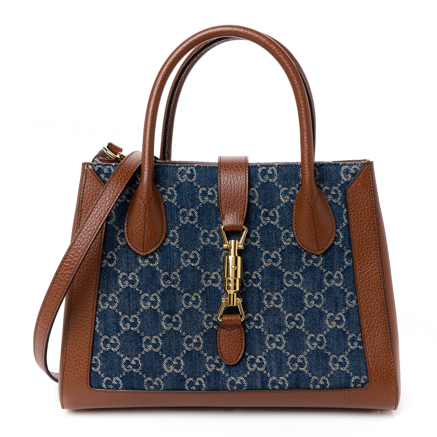Gucci New Denim GG Monogram Dollar Calfskin Medium Jackie 1961 Tote Blue Tea Cuir Epilog 1 of 10