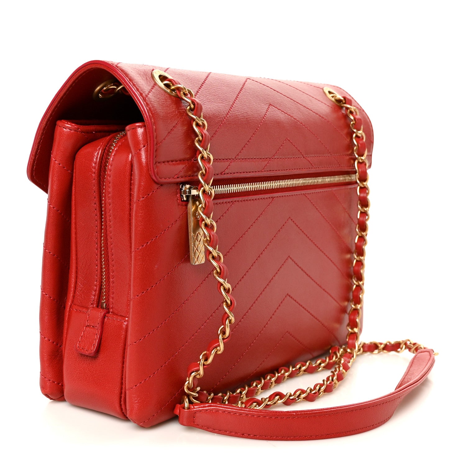 Chanel Lambskin Chevron Stitched Envelope Flap Bag Red 3 of 13