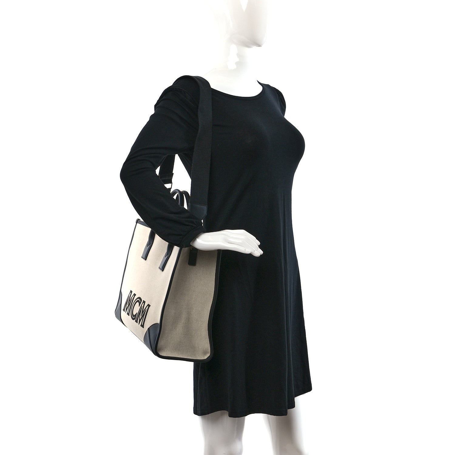 MCM Calfskin Linen Large Munchen Tote Black 2 of 10