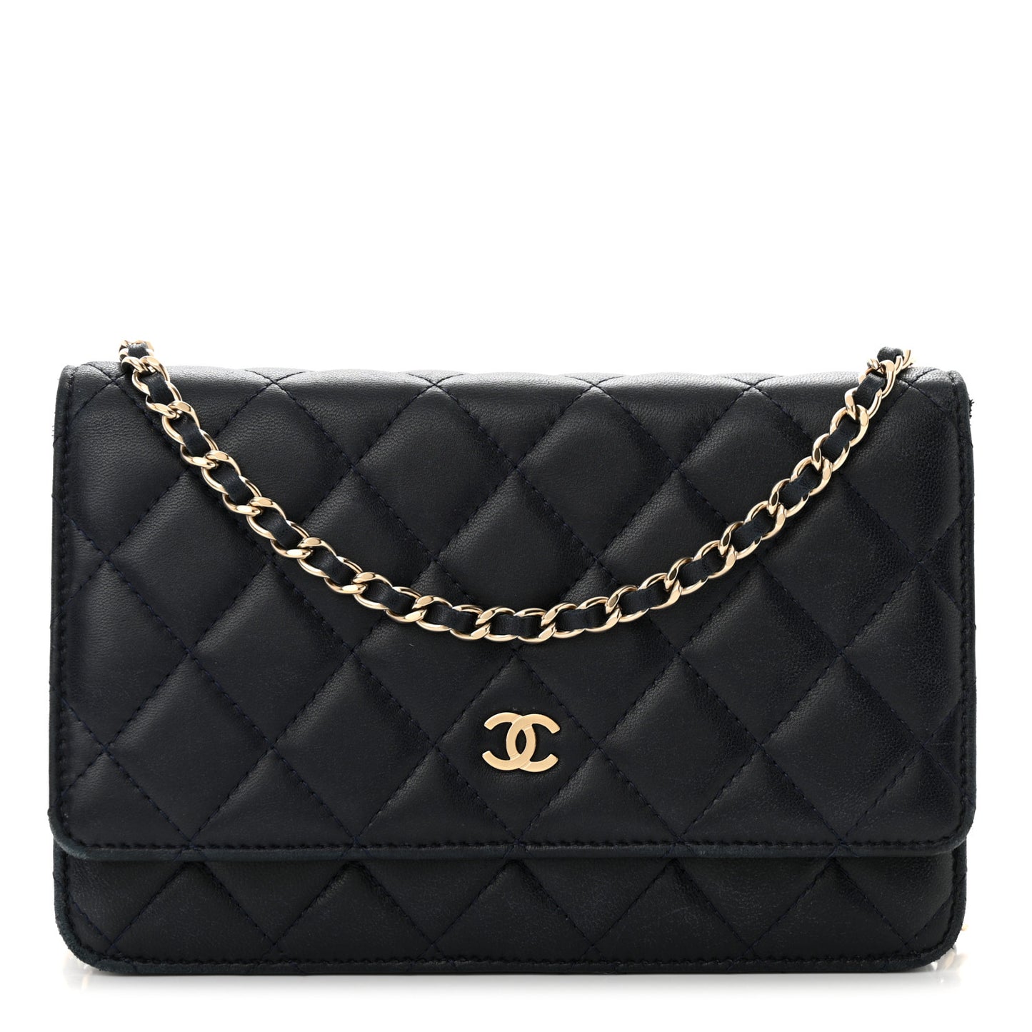 Lambskin Quilted Wallet On Chain WOC Navy Blue
