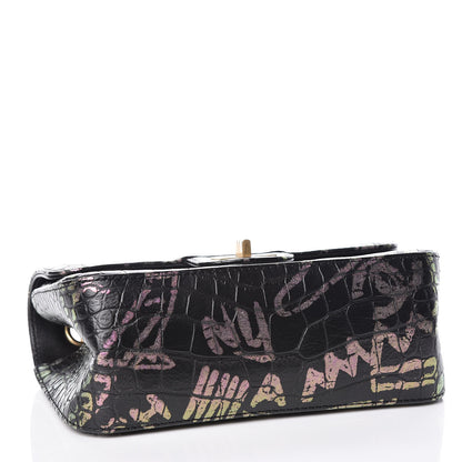 Chanel Calfskin Crocodile Embossed Graffiti 2.55 Mini Cocodile Reissue Flap Black Pink 4 of 10