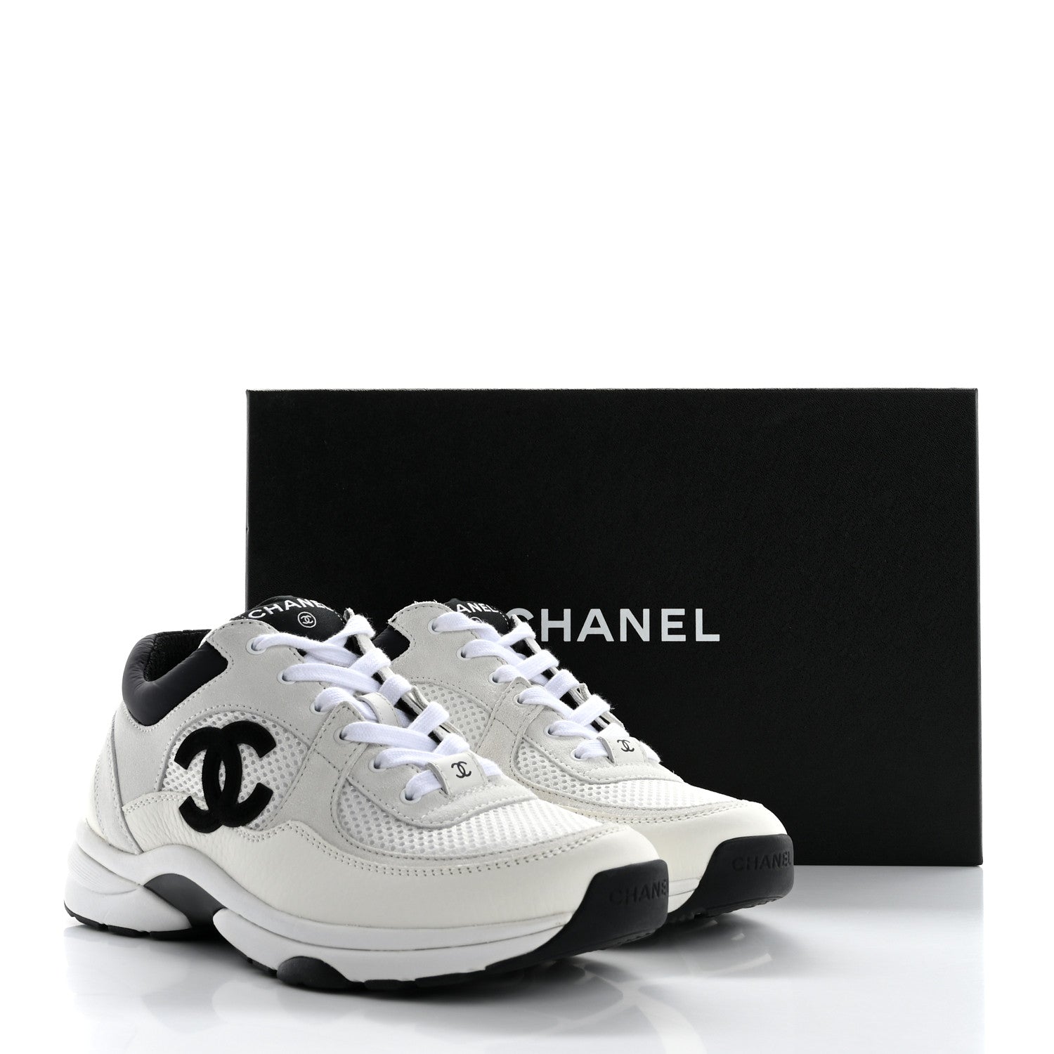 Chanel Mesh Suede Calfskin Grained Calfskin Womens CC Sneakers 39 White Black 9 of 9