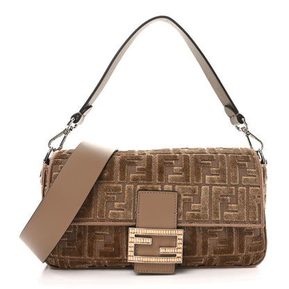 Fendi Velvet Jacquard FF Crystal Embossed Baguette Cappuccino 1 of 11