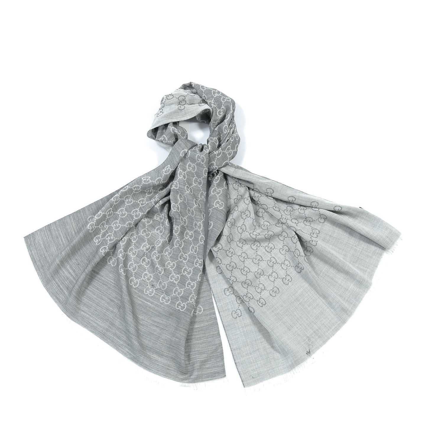 Wool Silk Monogram Fringe Scarf Grey