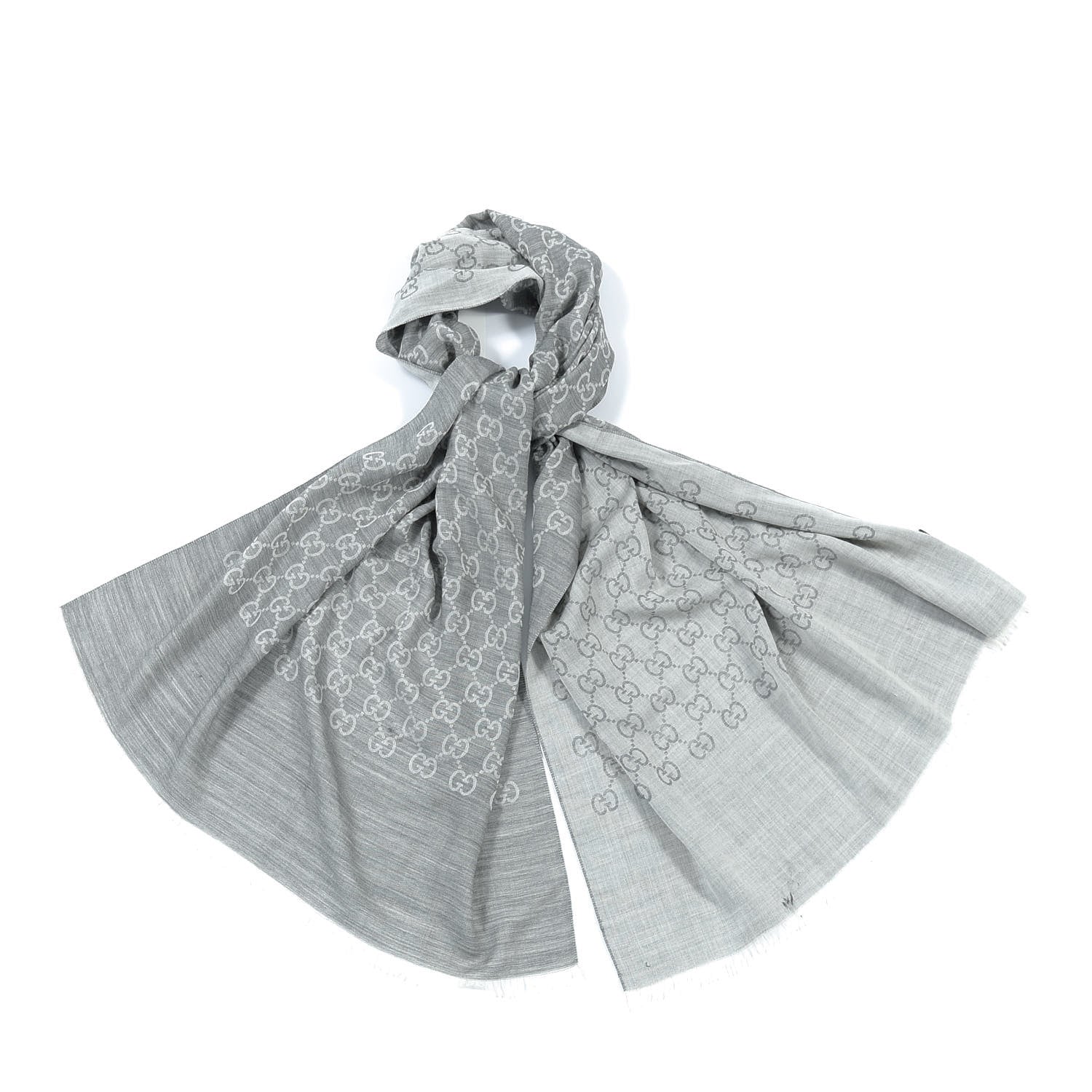 Gucci Wool Silk Monogram Fringe Scarf Grey 1 of 7