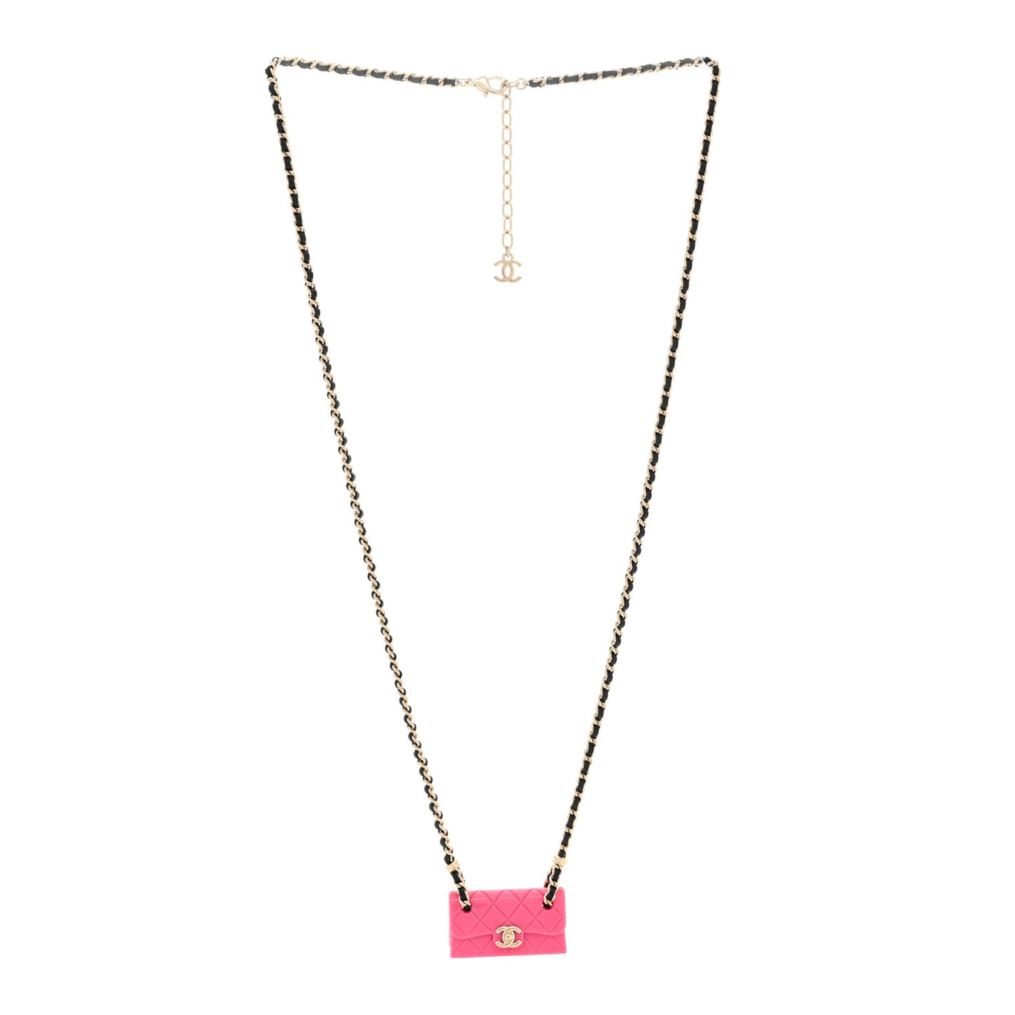 Metal Resin Lambskin Flap Bag Long Necklace Golden Pink Black