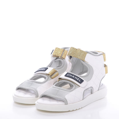 Chanel Goatskin Fabric Gladiator Sandals 36.5 White Light Grey Navy Blue 2 of 10