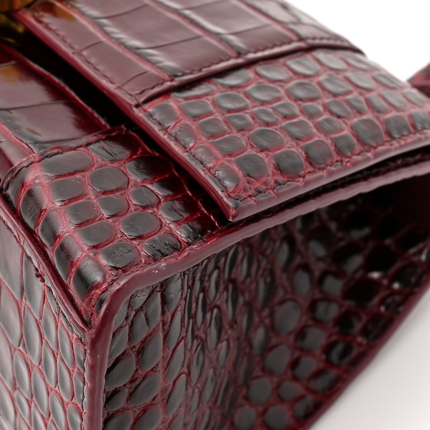 Shiny Calfskin Crocodile Embossed Small Hourglass Top Handle Bag Dark Red