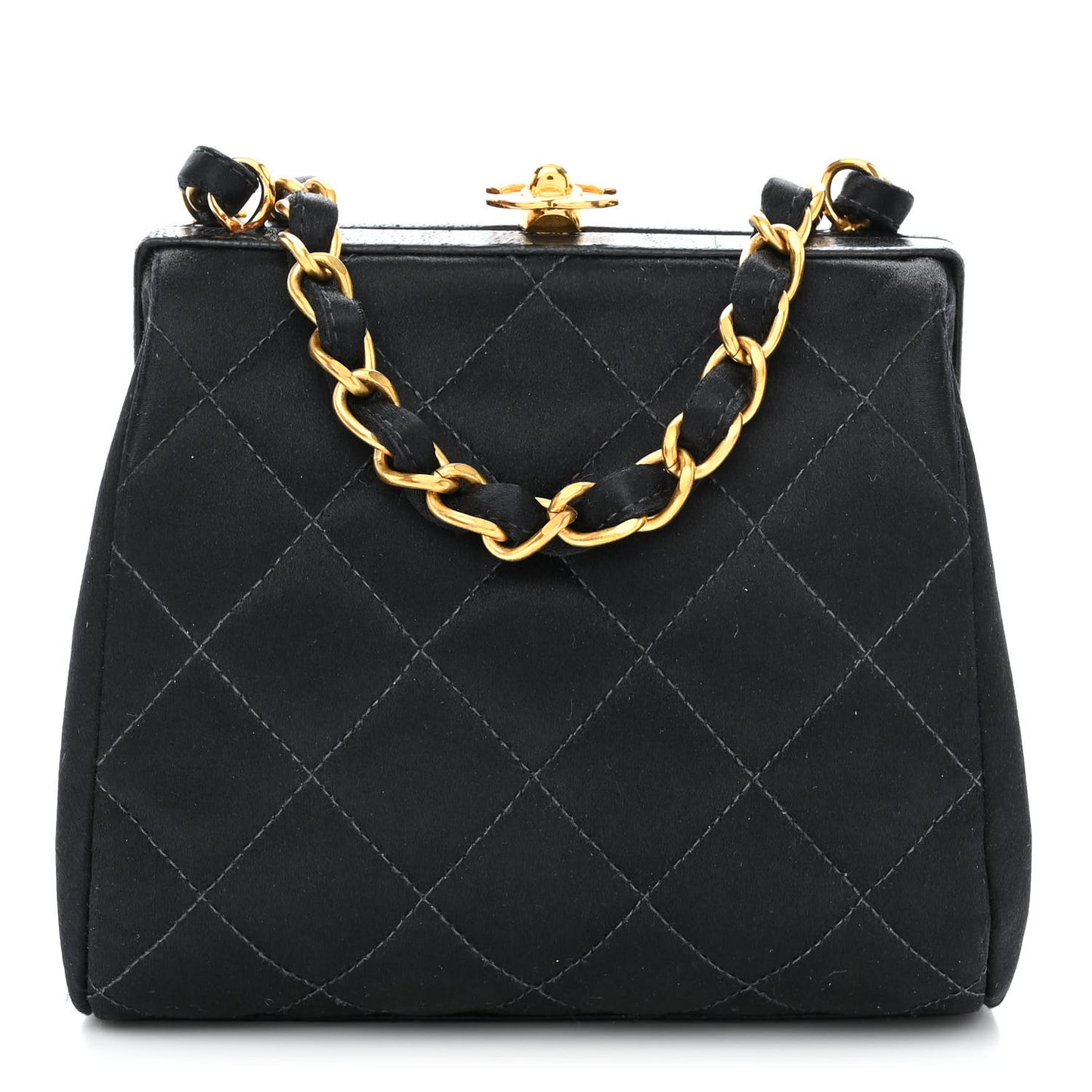 Satin Quilted CC Kisslock Clutch Black