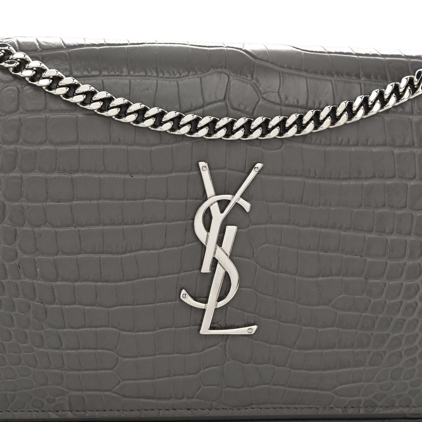 Calfskin Crocodile Embossed Monogram Chain Wallet Fog