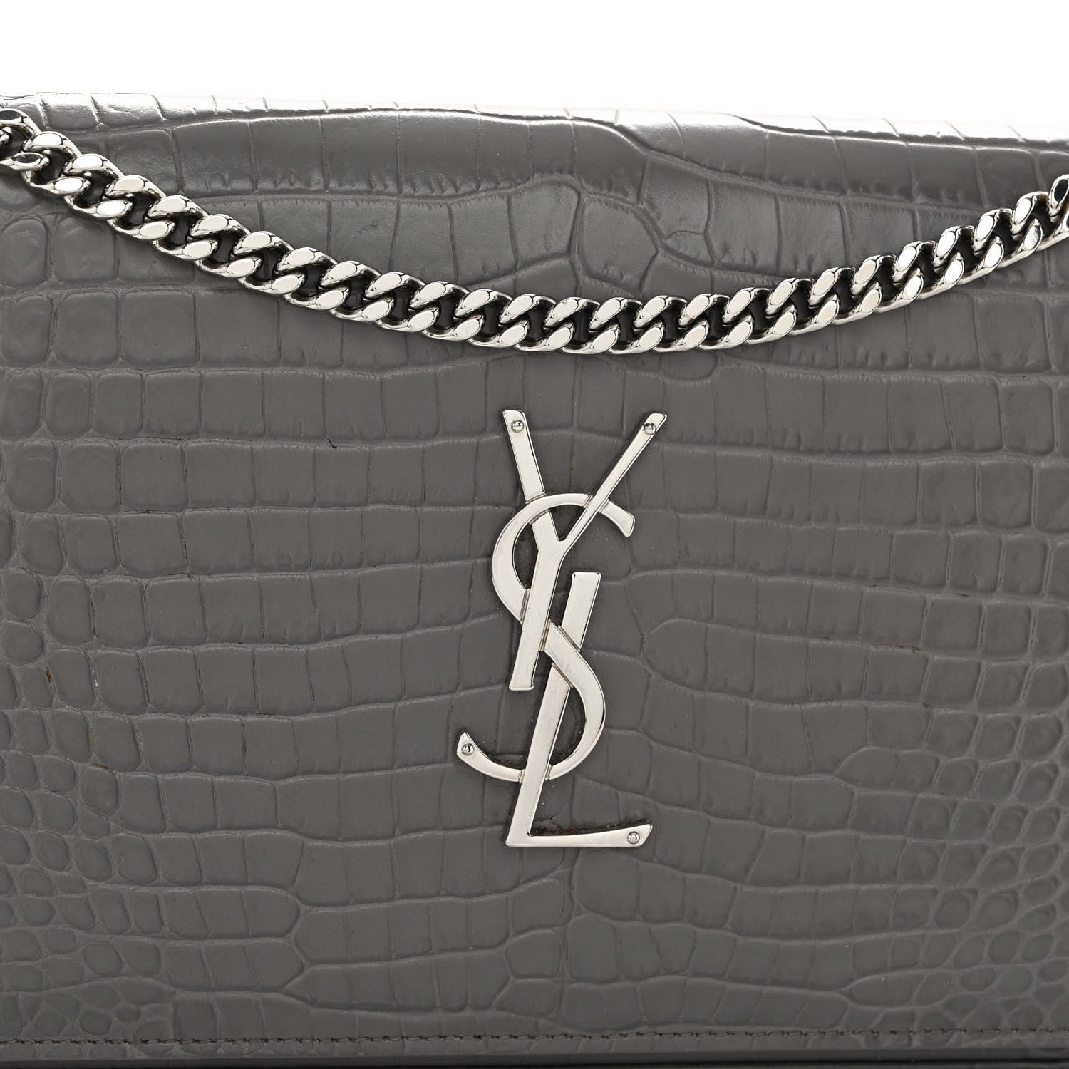 Saint Laurent Calfskin Crocodile Embossed Monogram Chain Wallet Fog 8 of 10