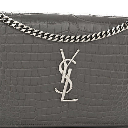 Saint Laurent Calfskin Crocodile Embossed Monogram Chain Wallet Fog 8 of 10