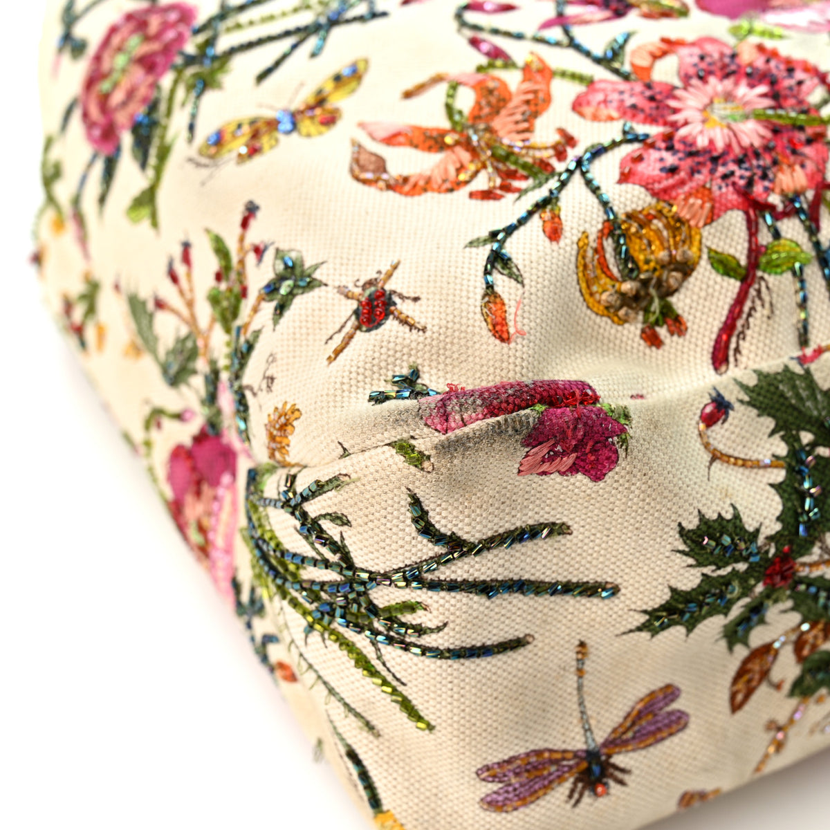 Canvas Flora Beaded Large Horsebit Chain Hobo White
