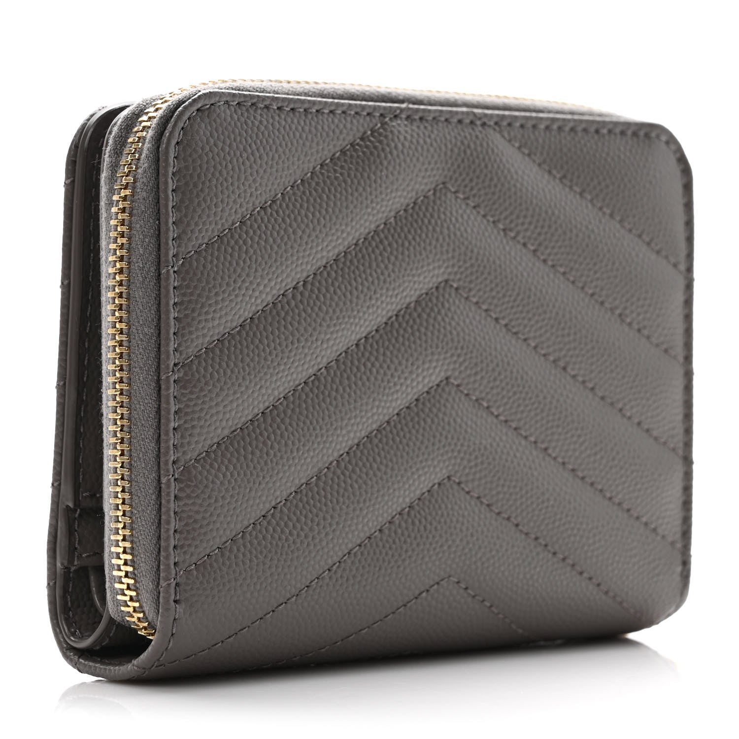 Saint Laurent Grain De Poudre Matelasse Chevron Monogram Compact Zip Around Wallet Fog 3 of 9