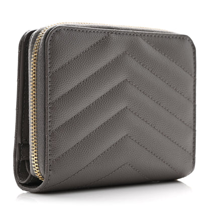 Saint Laurent Grain De Poudre Matelasse Chevron Monogram Compact Zip Around Wallet Fog 3 of 9