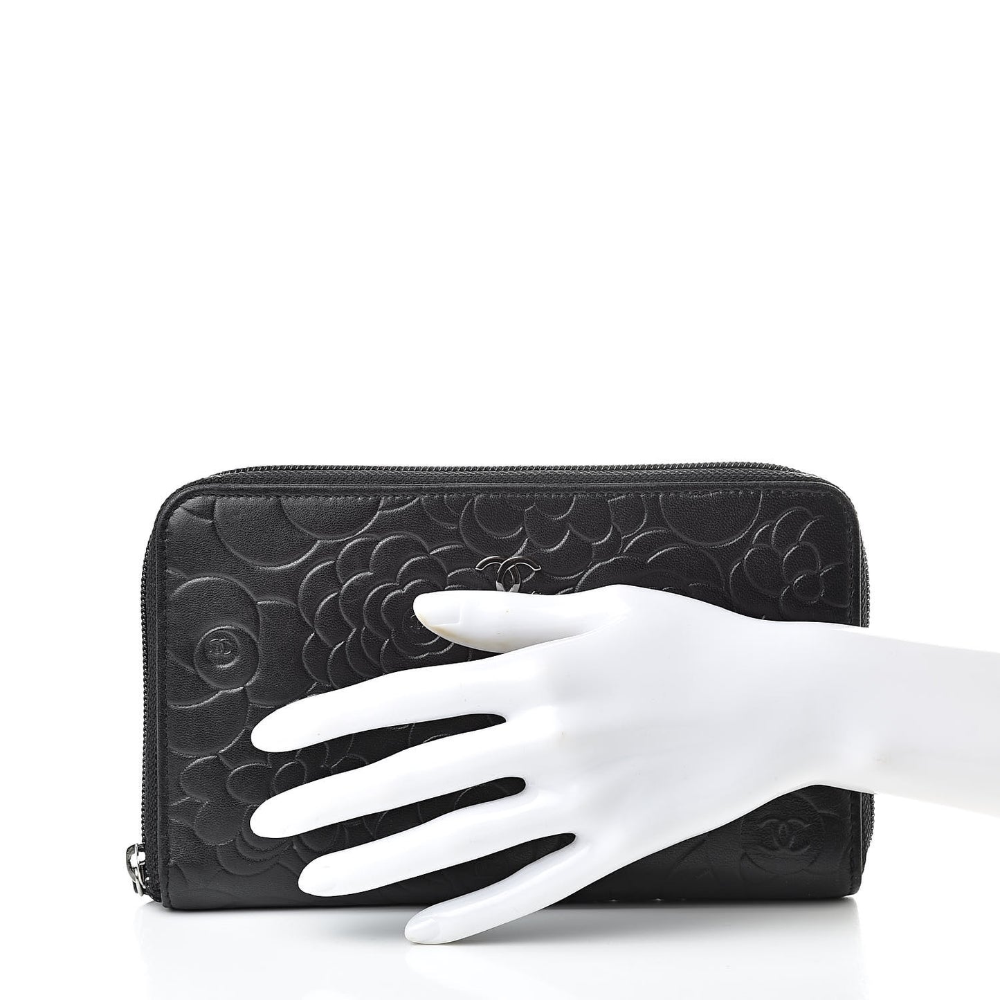 Lambskin Camellia Embossed Zip Around Organizer Wallet Black
