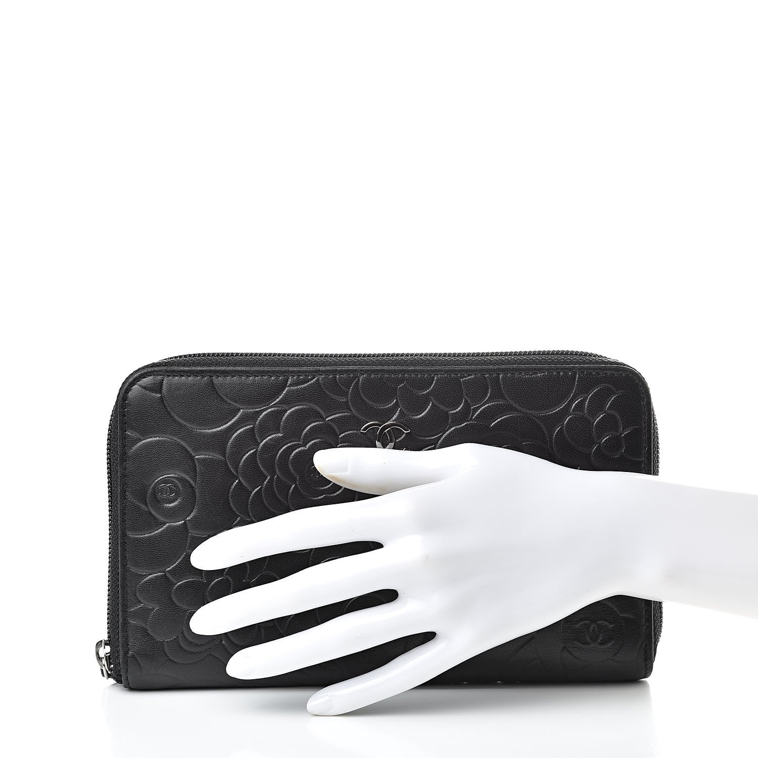 Chanel Lambskin Camellia Embossed Zip Around Organizer Wallet Black 2 of 11