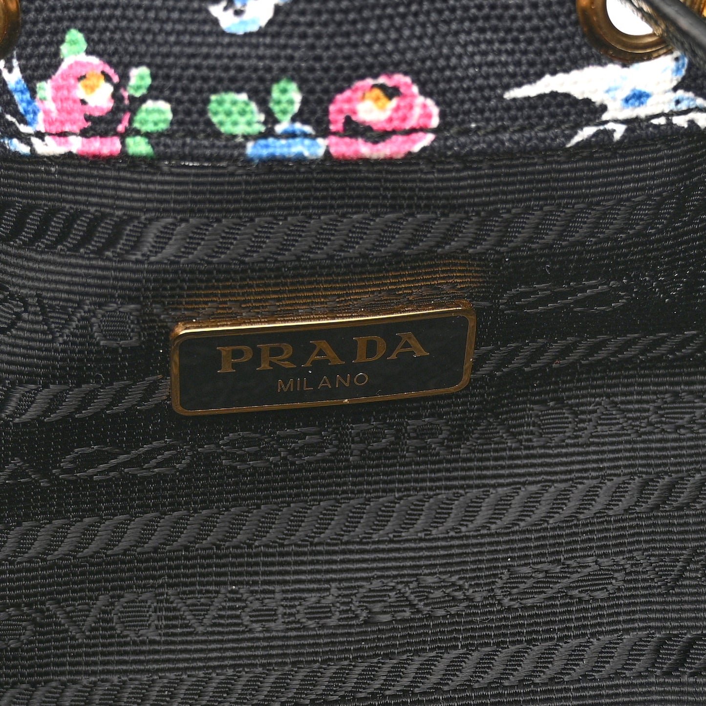 Wicker Canvas Floral Print Bucket Bag Black Multicolor