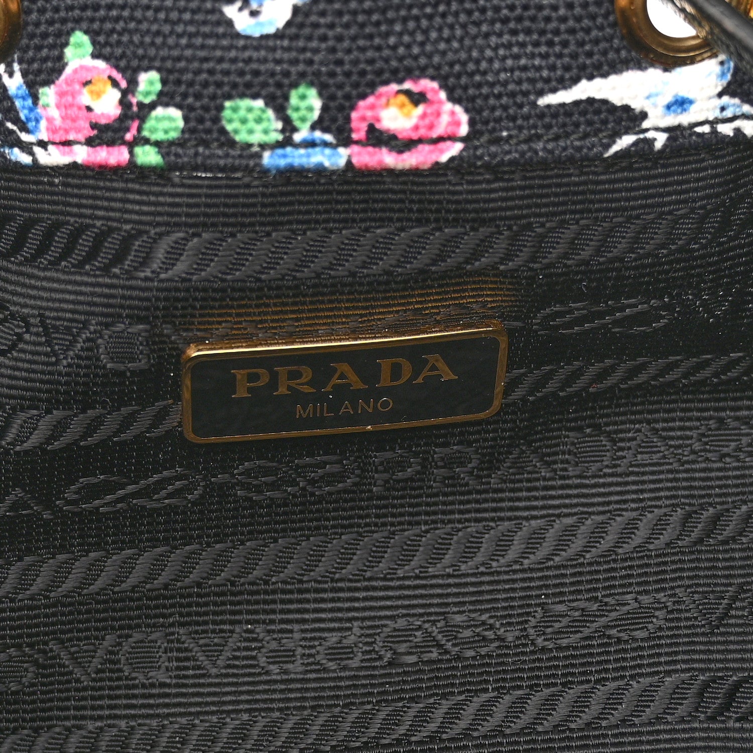 Prada Wicker Canvas Floral Print Bucket Bag Black Multicolor 6 of 12
