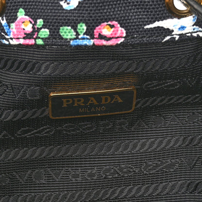 Prada Wicker Canvas Floral Print Bucket Bag Black Multicolor 6 of 12