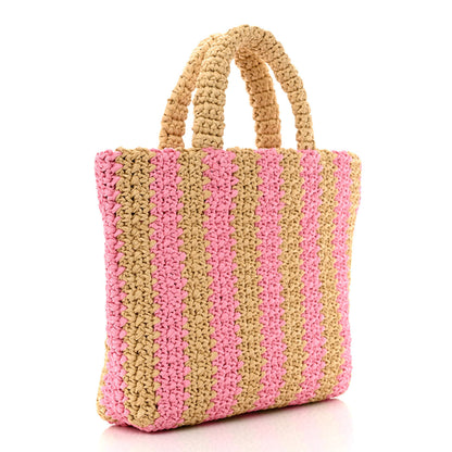 Prada Yarn Raffia Effect Crochet Striped Small Logo Tote Naturale Petalo 3 of 10