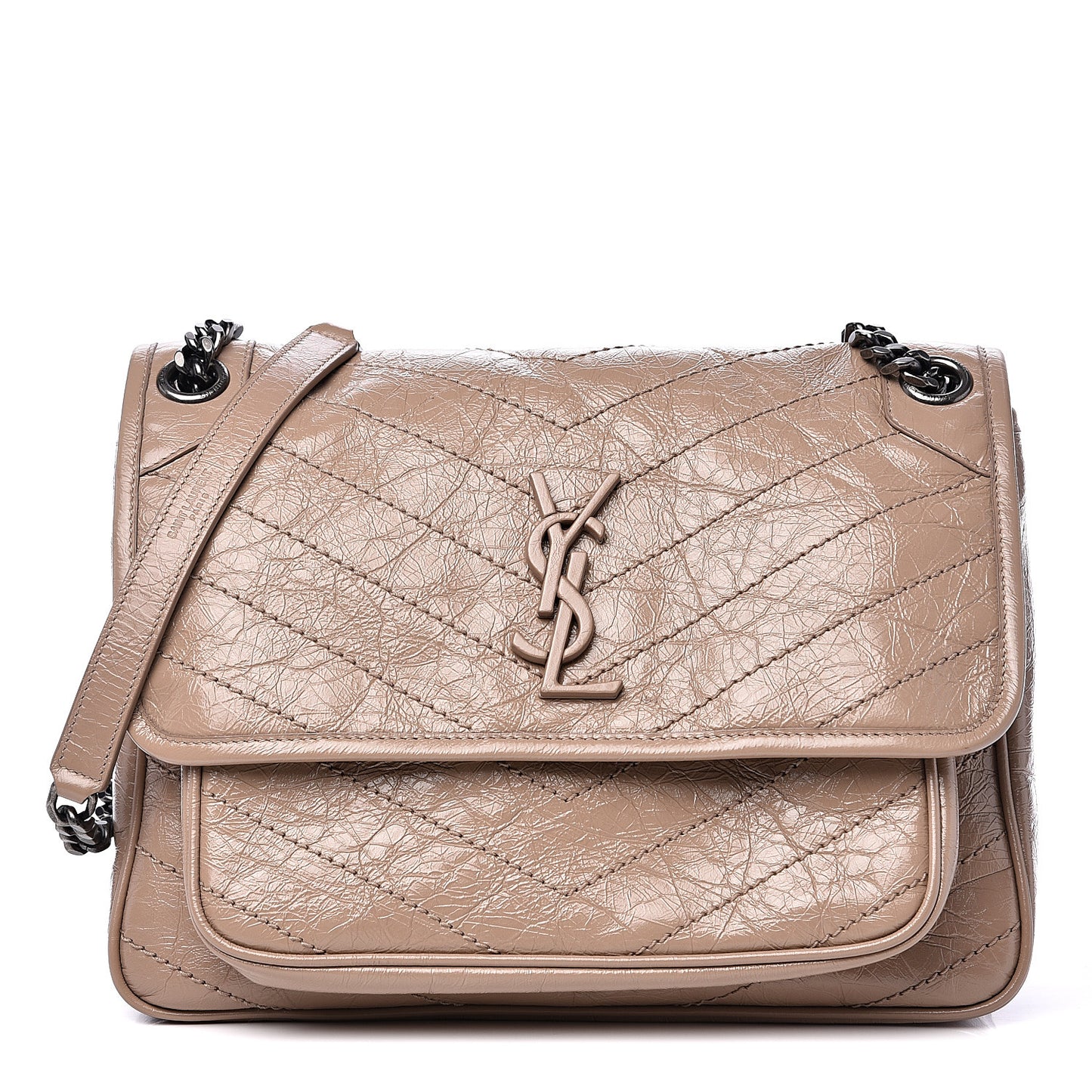 Crinkled Calfskin Matelasse Monogram Medium Niki Chain Satchel Light Taupe