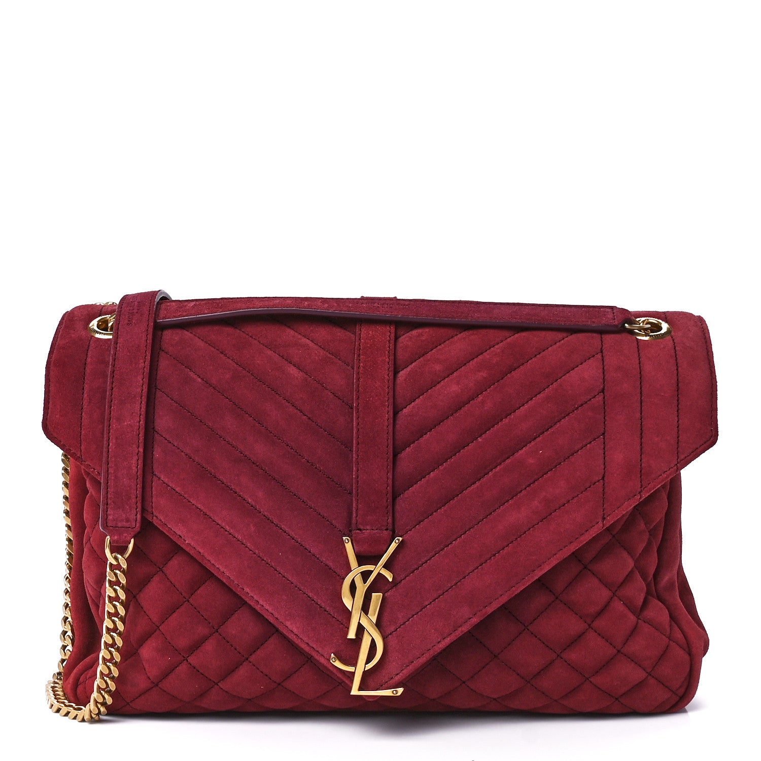 Saint Laurent Suede Mixed Matelasse Tri-Quilt Large Monogram Envelope Satchel Red 1 of 13