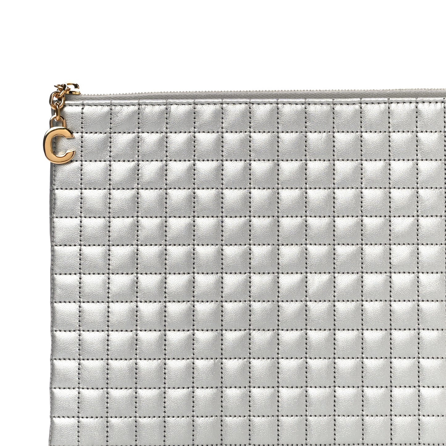 Laminated Calfskin Quilted C Charm Pouch Silver