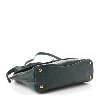 MCM Calfskin Crocodile Embossed Top Handle Shoulder Bag Green 4 of 9