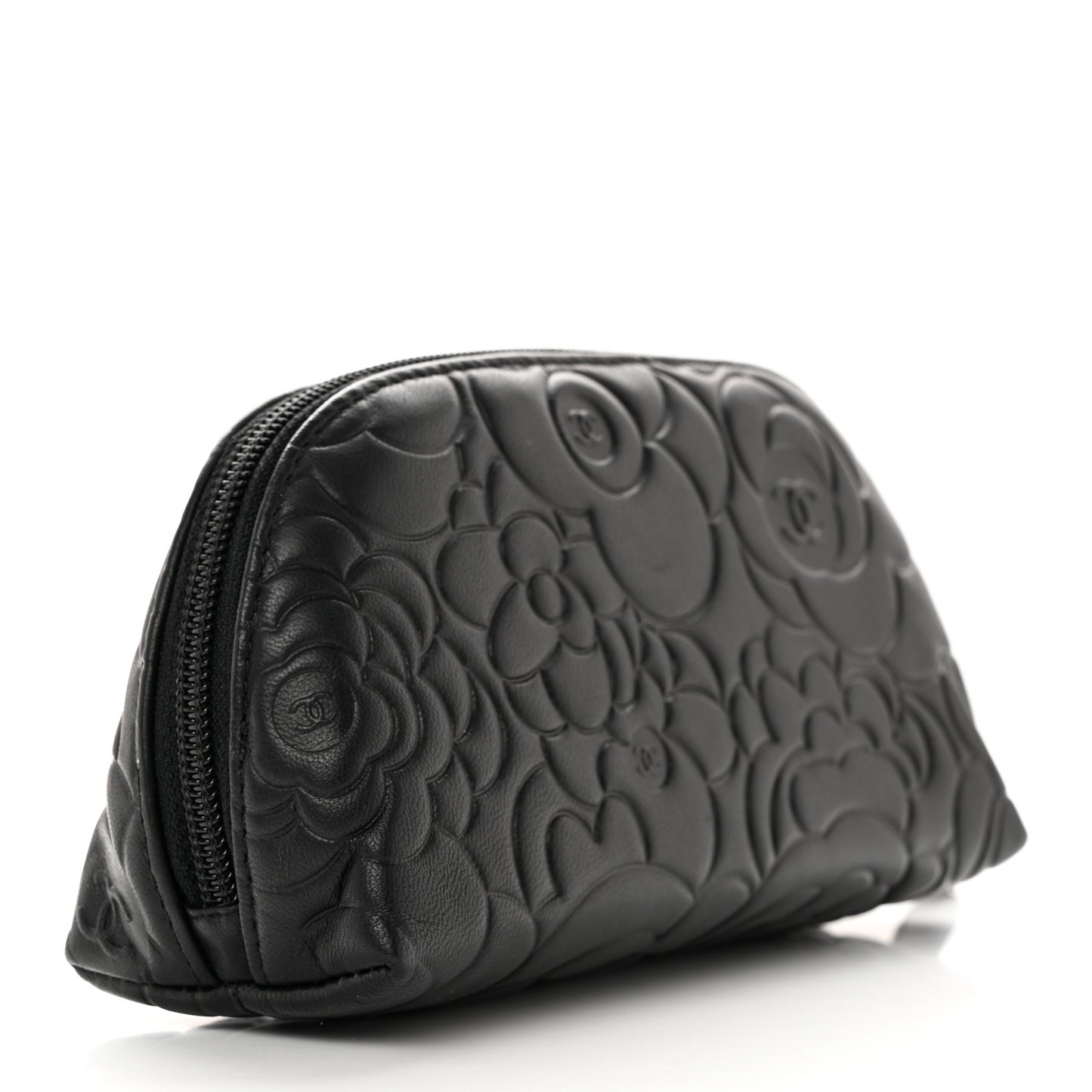 Lambskin Camellia Embossed Cosmetic Case Black